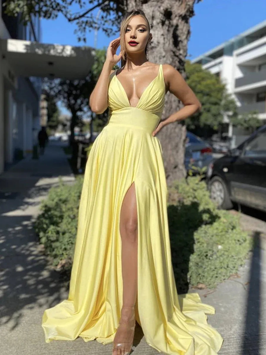 Vestido Weitese sexy largo de corte A con escote en V y espalda descubierta de satén, vestidos de fiesta formales con abertura